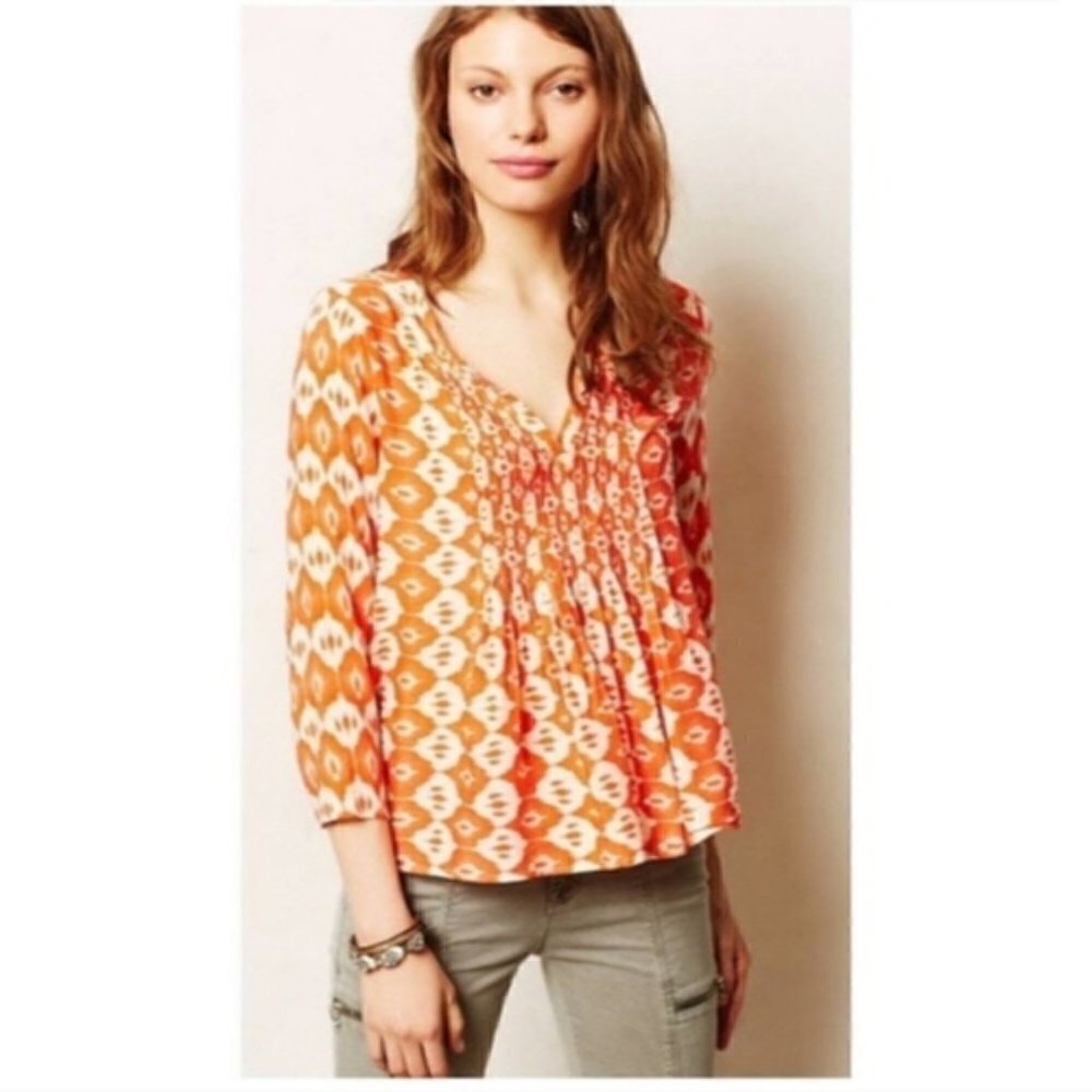Anthropologie Vanessa Virginia Mahdia Orange‎ & White Ikat Blouse 6